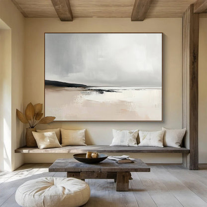 Gray and Beige Abstract Beach Scene - “Misty Shore” Painting On Canvas HB1460