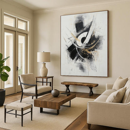 Black, White, Gray, Gold, Dynamic Swirls "Gilded Motion" Abstract Expressionist Painting On Canvas HB071