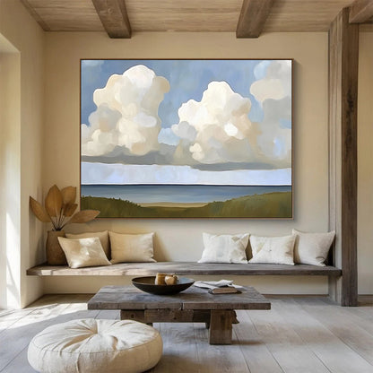 “Cloudy Coastal View” - Blues, Whites, Greens, Clouds Over the Sea with Grasslands - Minimalist Acrylic Painting HB1708