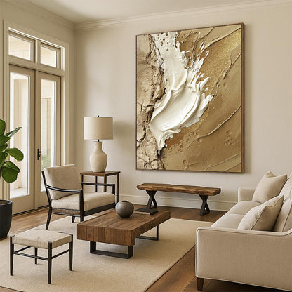 Contemporary hand-painted abstract art featuring a central white paint stroke adorned with gold glitter accents on a rugged stone-like background. DLZ1195