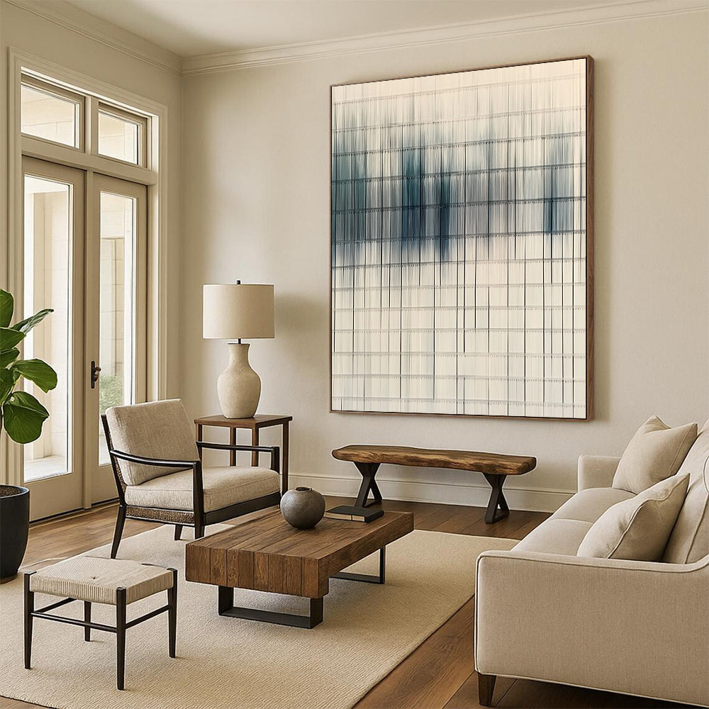 Contemporary hand-painted abstract art featuring woven lines in white and blue, symbolizing clean air and environmental awareness in a modern urban backdrop. DLZ1432