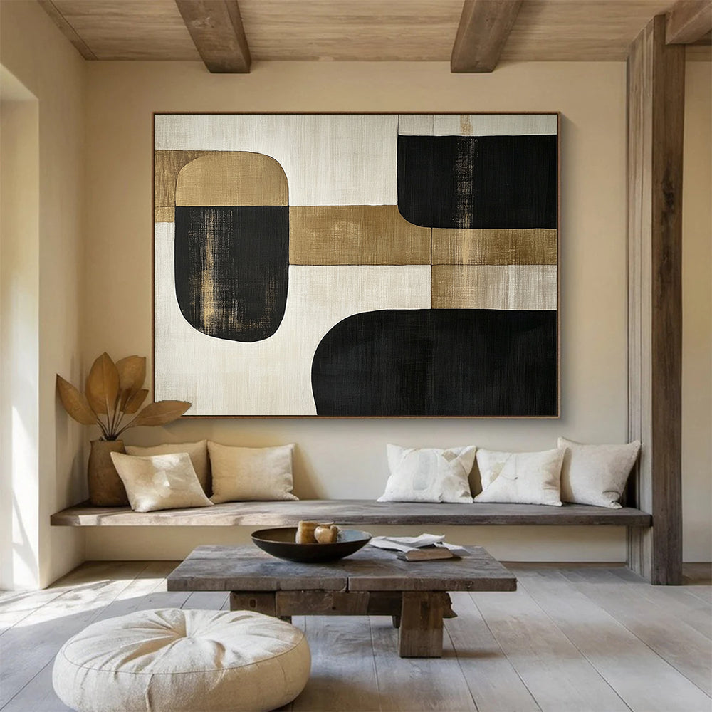 “Minimalist Gold - Black Shapes” - Gold, Black, Minimalist Abstract Painting On Canvas HB0782
