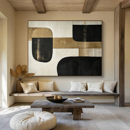 “Minimalist Gold - Black Shapes” - Gold, Black, Minimalist Abstract Painting On Canvas HB0782