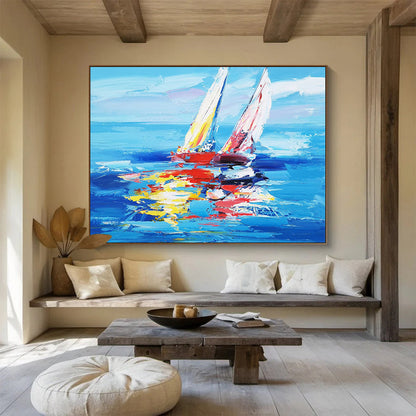 Colorful Sailboats on Blue Sea - Vibrant Coastal Living Room Art DLZ266