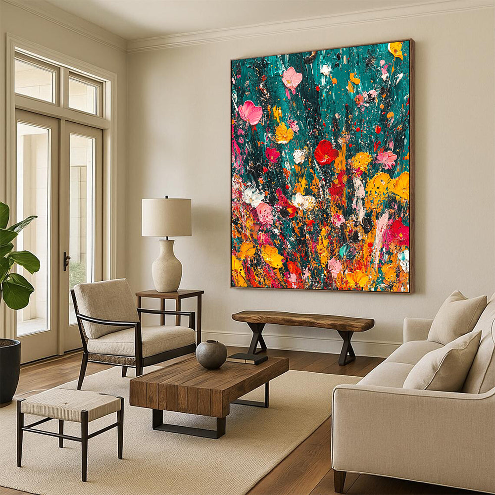 Vibrant contemporary abstract painting featuring lush emerald green and dynamic splashes of color creating a joyful and playful atmosphere. DLZ1175