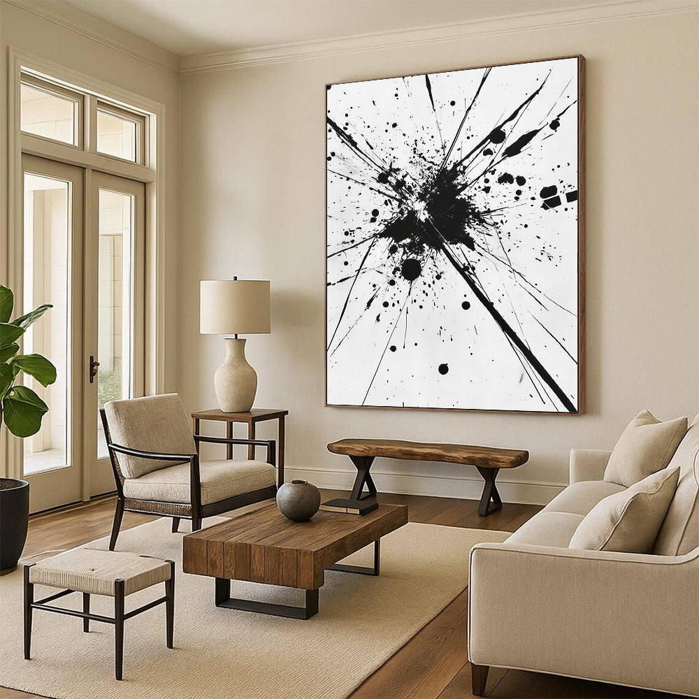 Black Splattered Explosion on White - “Energetic Ink Burst” Painting On Canvas HB218