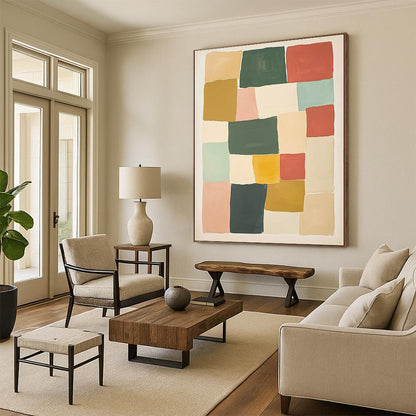 Contemporary hand-painted abstract artwork features geometric blocks in shades of green red and yellow against a beige background creating a harmonious composition. DLZ1596