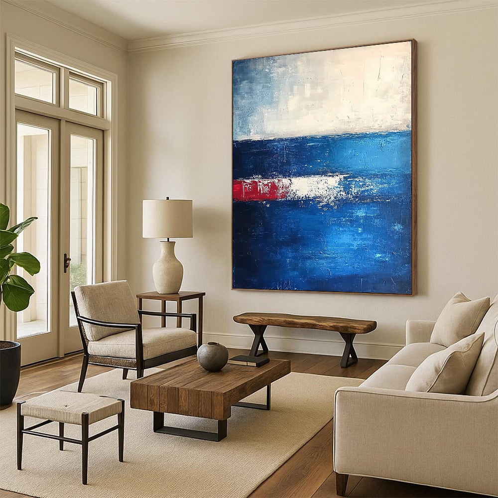 Modern abstract artwork featuring deep blues and dark grays with thick textured brushstrokes creating an atmospheric horizon in a serene minimalist composition. DLZ0365