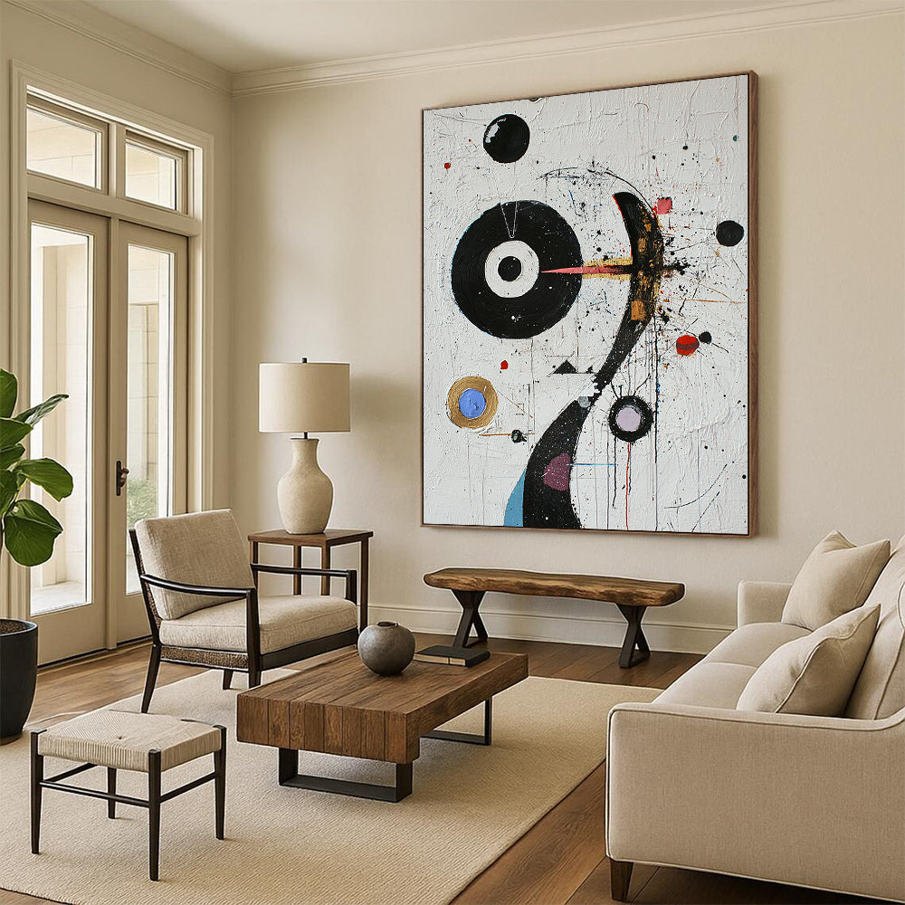 White, Black, Colorful Circles "Cosmic Carnival" Abstract Modernist Painting On Canvas HB087