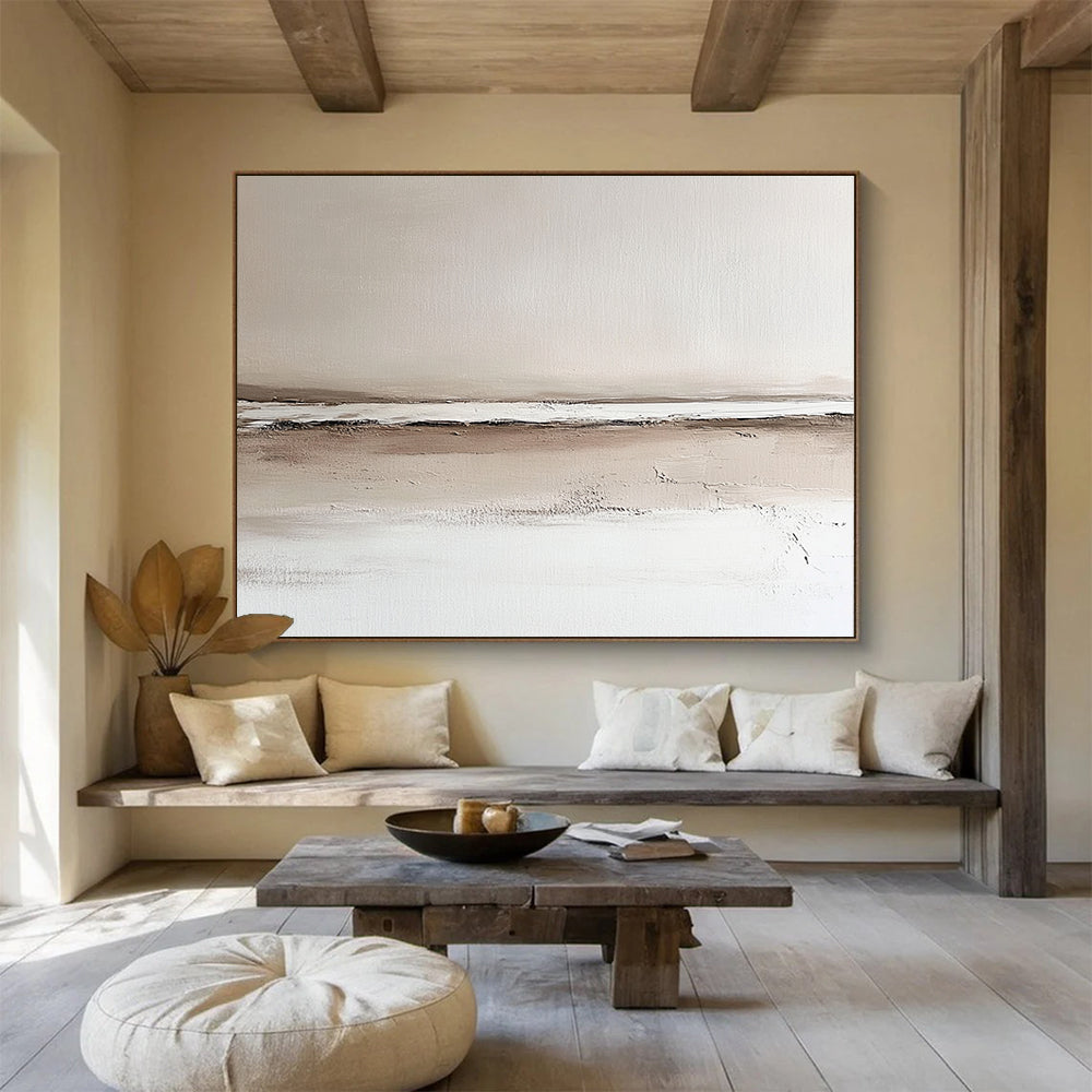 “Neutral Toned Landscape” - Beige, Brown, White, Subtle Horizon Landscape Painting On Canvas HB0957