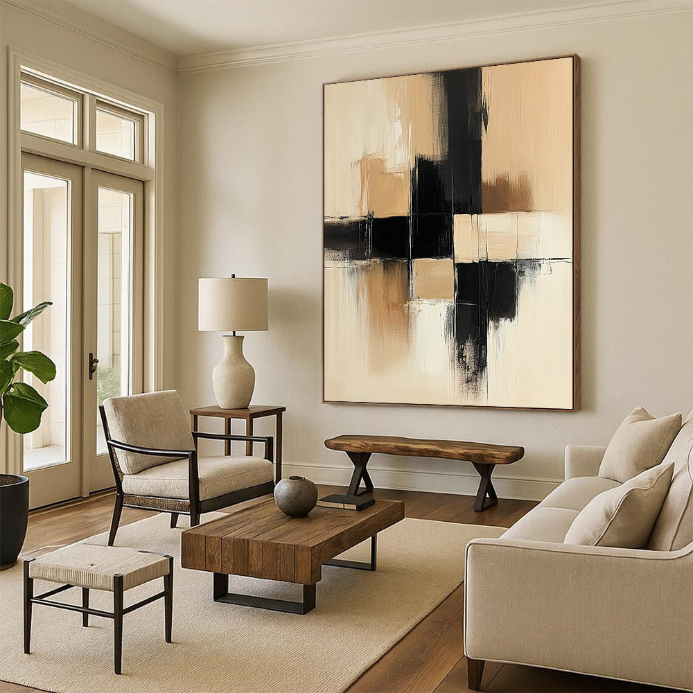 Contemporary hand-painted abstract art featuring thick brush strokes in a beige and black palette with large geometric shapes on a neutral canvas texture. DLZ0549