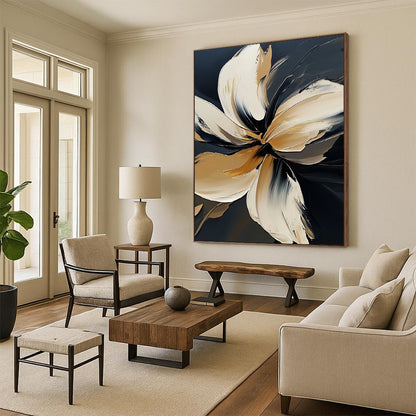 Contemporary abstract floral painting in bold white on black, featuring elegant detailing and atmospheric brushstrokes with golden highlights in high resolution. DLZ0826