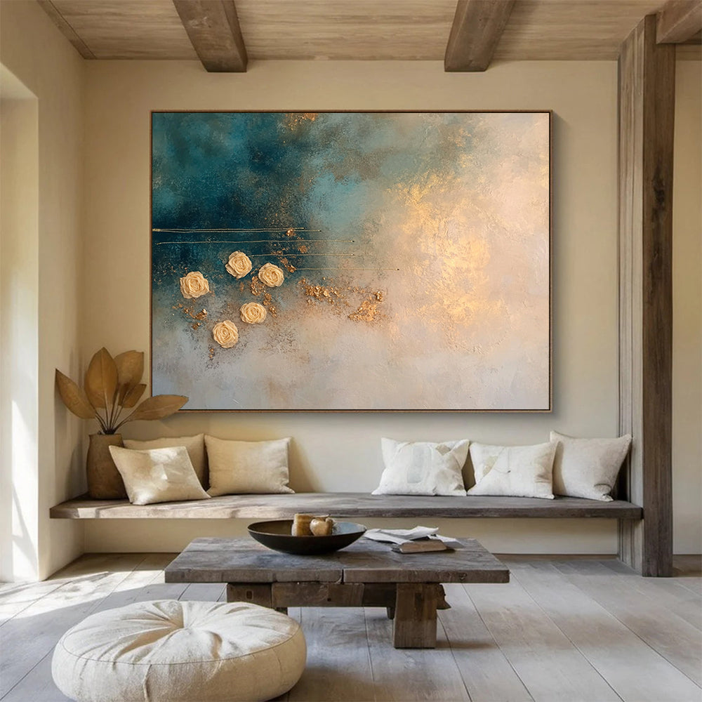 “Blue and Gold Textured Abstract with Flowers” - Blue, Gold, Beige, Textured Flowers and Lines - Mixed Media Art HB1645