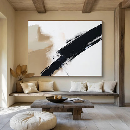 “Beige - Black Diagonal Brushstroke” - Beige, Black, Dynamic Stroke Painting On Canvas HB0802