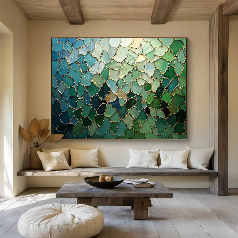“Blue - Green Mosaic with Gold Lines” - Blue, Green, Gold, Irregular Mosaic Pieces - Mosaic Art HB1676