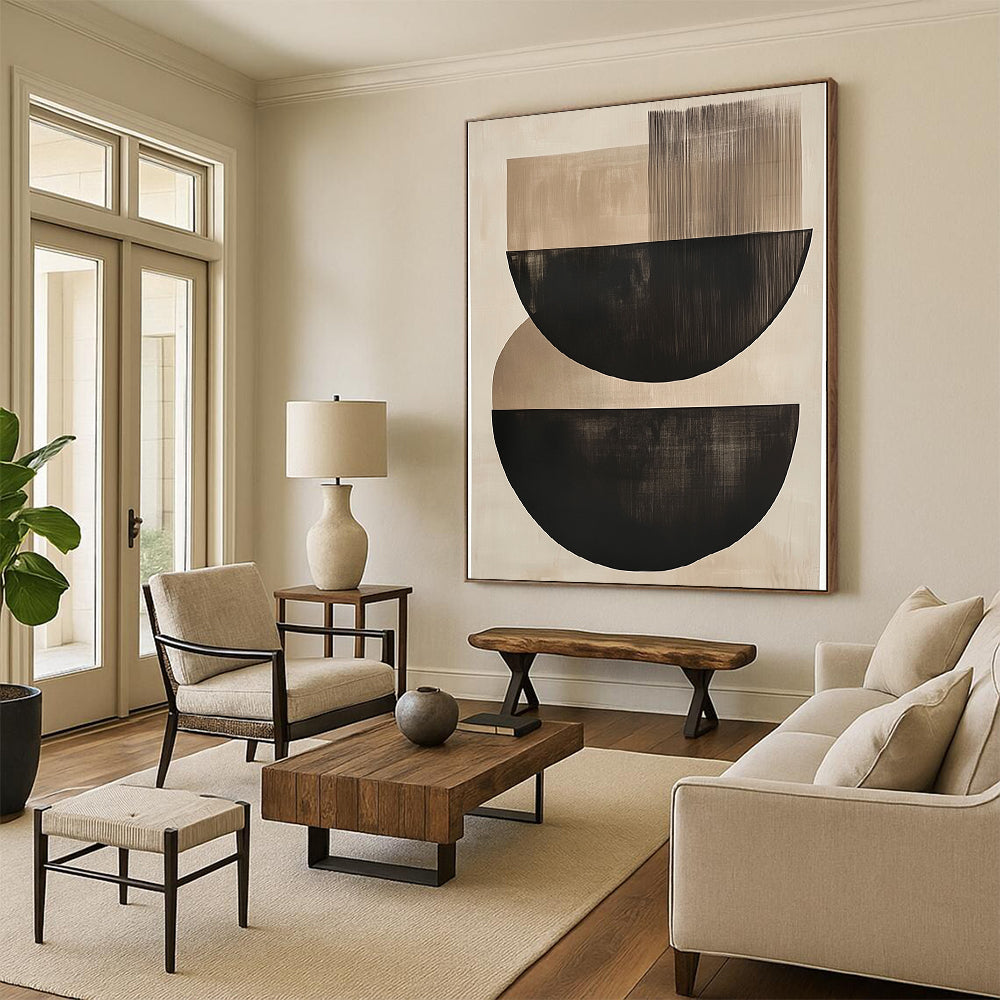 Contemporary large abstract painting featuring elegant black and beige semi-circles on a soothing neutral background, perfect for enhancing any space. DLZ1455