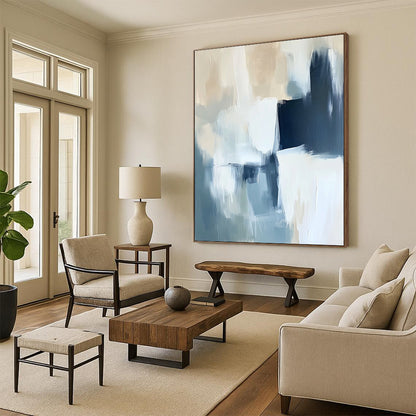 Contemporary abstract painting in soft blue and white with bold brush strokes and subtle black accents, showcasing a minimalist atmosphere and gentle edges. DLZ0529