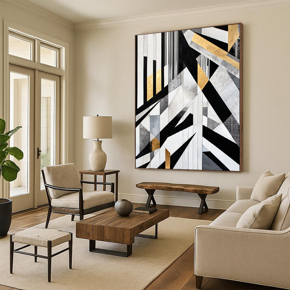 Black, White, Gray, Gold, Geometric Collage "Gilded Geometry Mosaic" Abstract Cubist - Inspired Painting On Canvas HB111