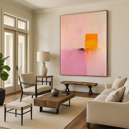 Contemporary hand-painted abstract art featuring soft pink and orange hues with a central yellow geometric shape creating a serene minimalist landscape. DLZ1474