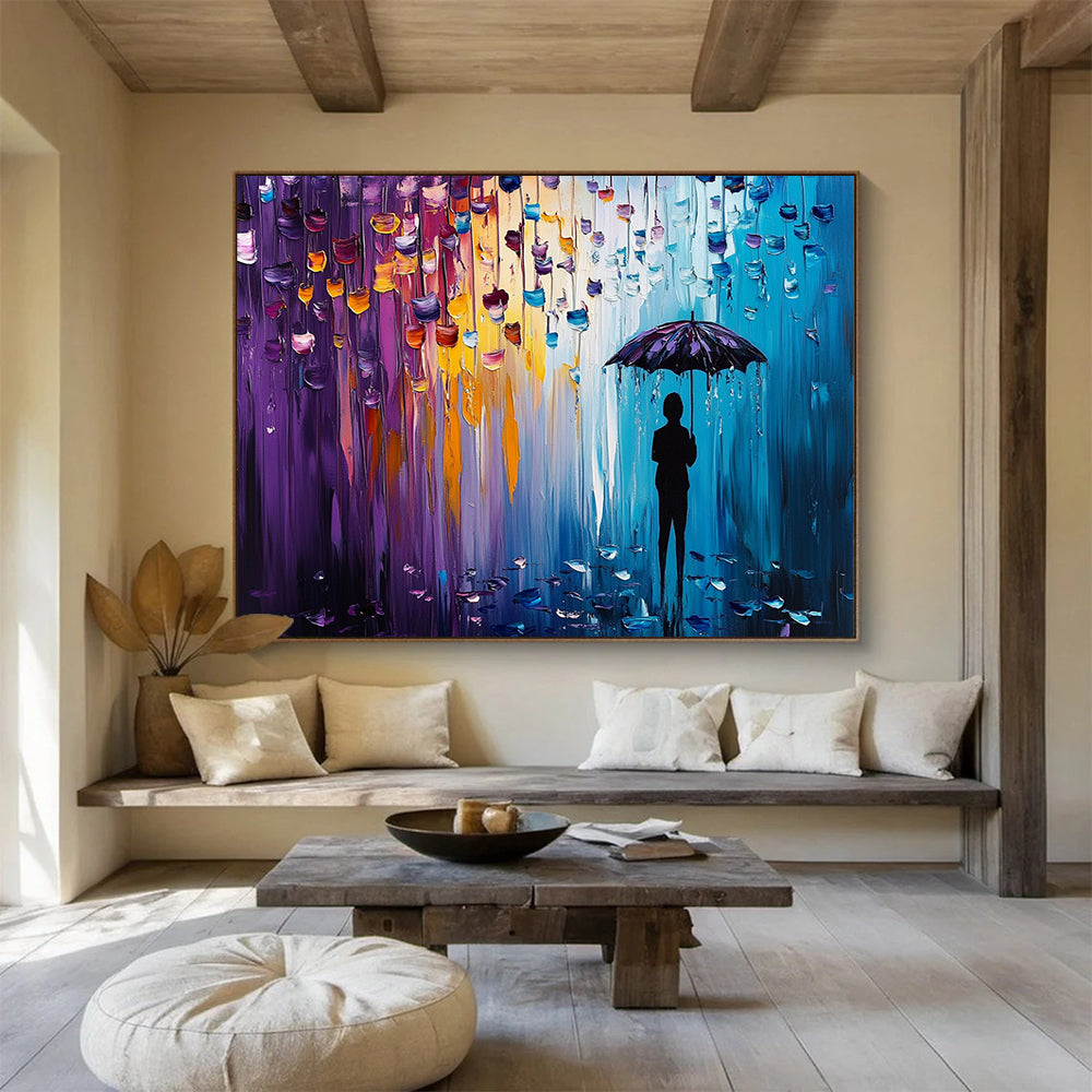 “Color - Dripping Umbrella Silhouette” - Purples, Blues, Oranges, Figure with Umbrella - Palette Knife Acrylic Painting HB1587