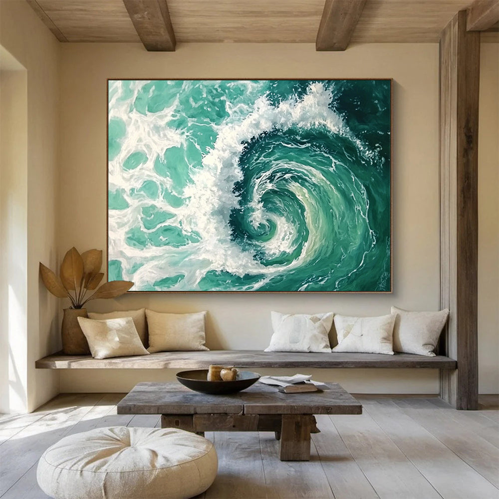 “Turquoise Ocean Vortex” - Turquoise, White, Spiral Waves Painting On Canvas HB0733