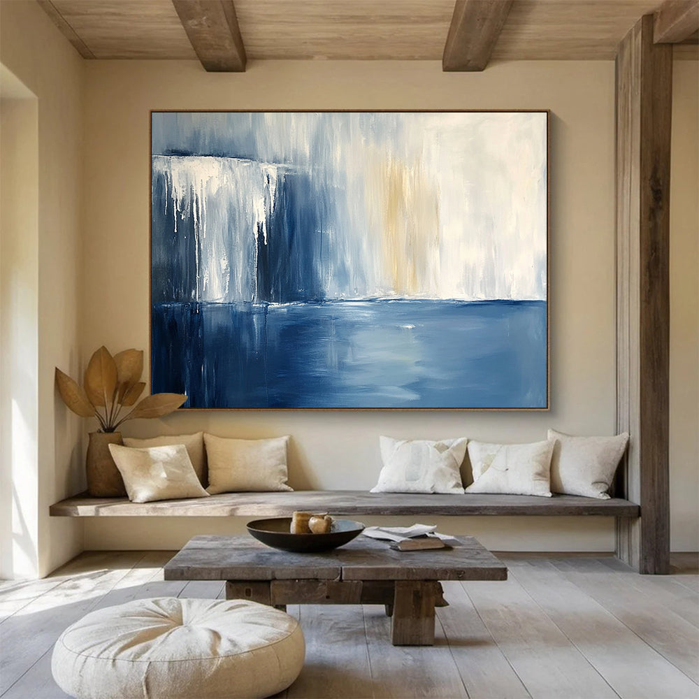 “Blue and White Abstract Waterfall” - Blue, White, Abstract Waterfall Scene Painting On Canvas HB1006