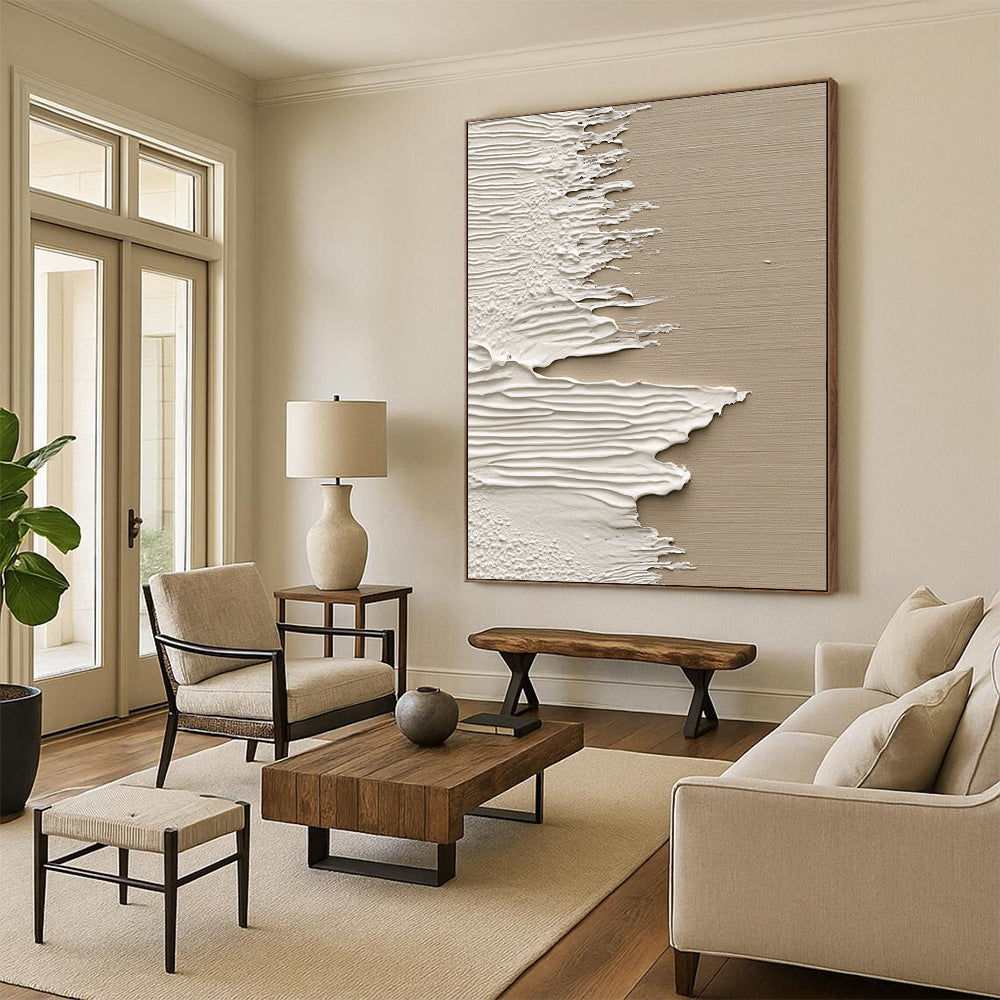 Contemporary abstract artwork featuring textured white paint on wood with a beige backdrop inspired by ocean waves in a unique splash art style. DLZ1232