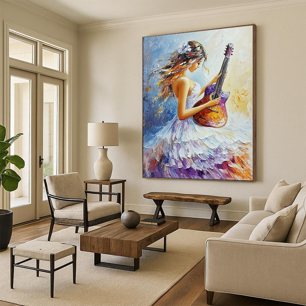 Contemporary abstract oil painting featuring a girl in a flowing white and purple dress playing guitar with vibrant colors and delicate brushstrokes. DLZ1658
