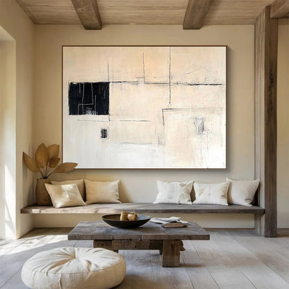 “Minimalist Black - White Abstract” - Black, White with Geometric Lines - Painting On Canvas HB1386
