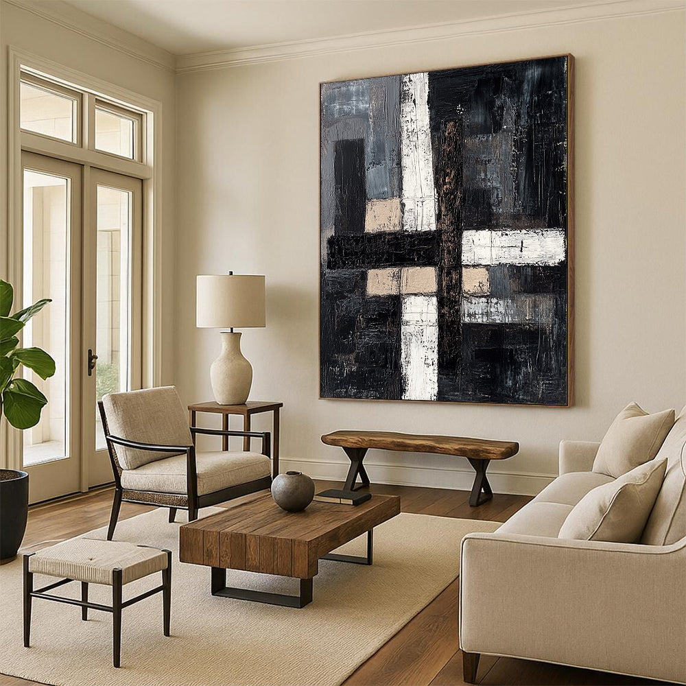 Black, Gray, Beige, White with Textured Blocks "Subtle Stories" Abstract Painting On Canvas HB007