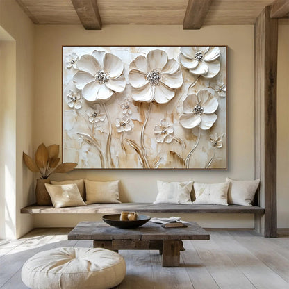 Cream - Colored Floral Relief - Subtle Textured Flower Painting On Canvas HB0430