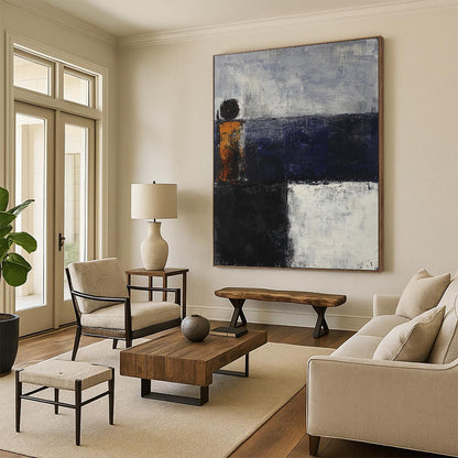 Contemporary hand-painted abstract artwork depicting an evening sea in dark blue and gray tones with rusted metal elements. DLZ0577