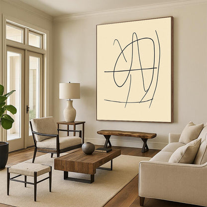 Contemporary abstract art featuring a minimalistic line drawing of the number 4 in black on beige, inspired by Matisse's style. DLZ0422