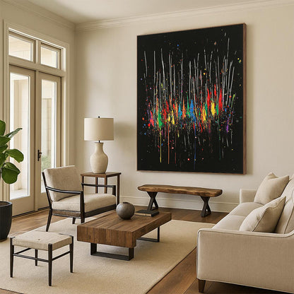 Black, Colorful Drips, White Streaks "Rainbow Cascade" Abstract Painting On Canvas HB024