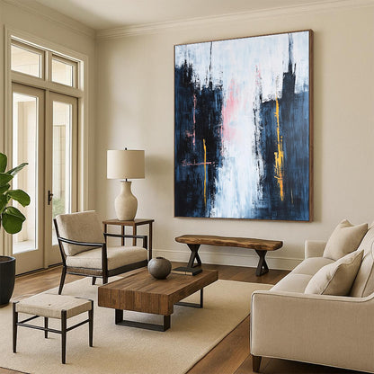 Contemporary hand-painted abstraction featuring dark blue spires against a white sky with pink clouds and vibrant yellow and orange accents in a minimalist style. DLZ0646