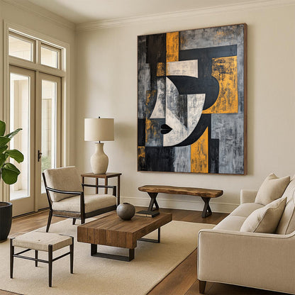 Gray, Black, White and Yellow Cubist Portrait "Abstract Identity" Painting On Canvas HB373