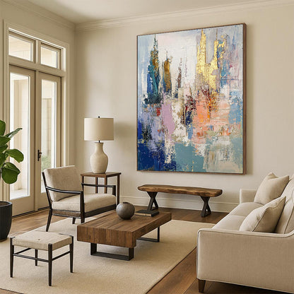 Contemporary abstract oil painting depicts an underwater city in muted pastels with gold leaf accents and thick brush strokes creating textured layers. DLZ0890