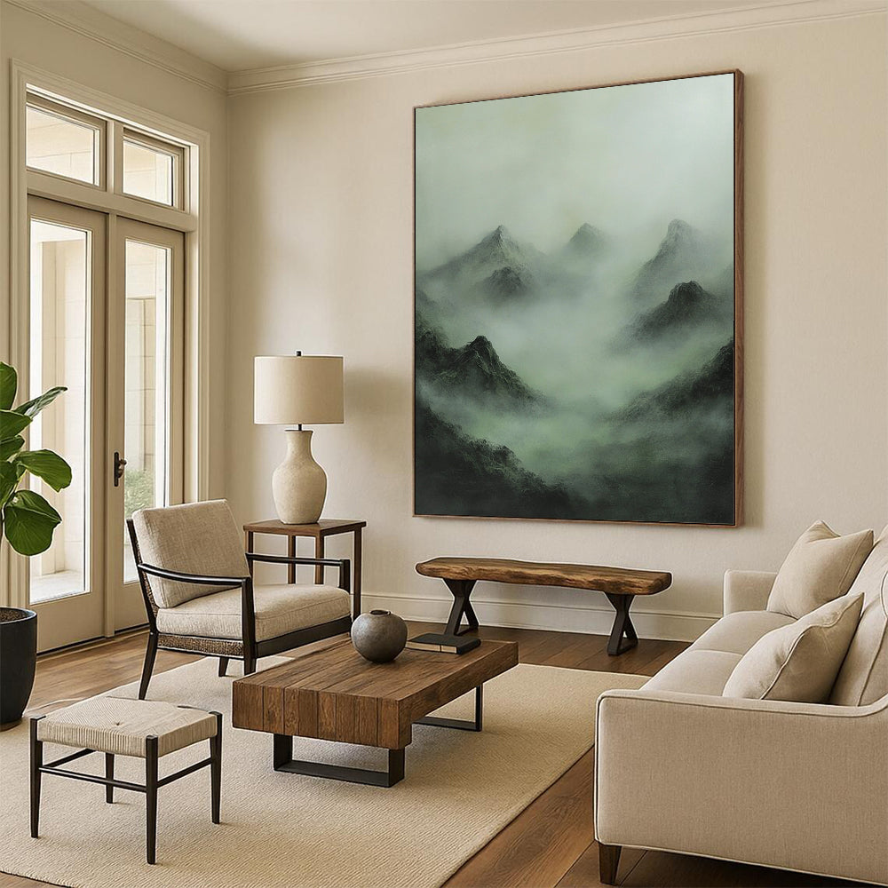 Contemporary abstract painting featuring a misty mountain range in muted greens and grays, evoking enigmatic Chinese mythology and a sense of mystery. DLZ1365