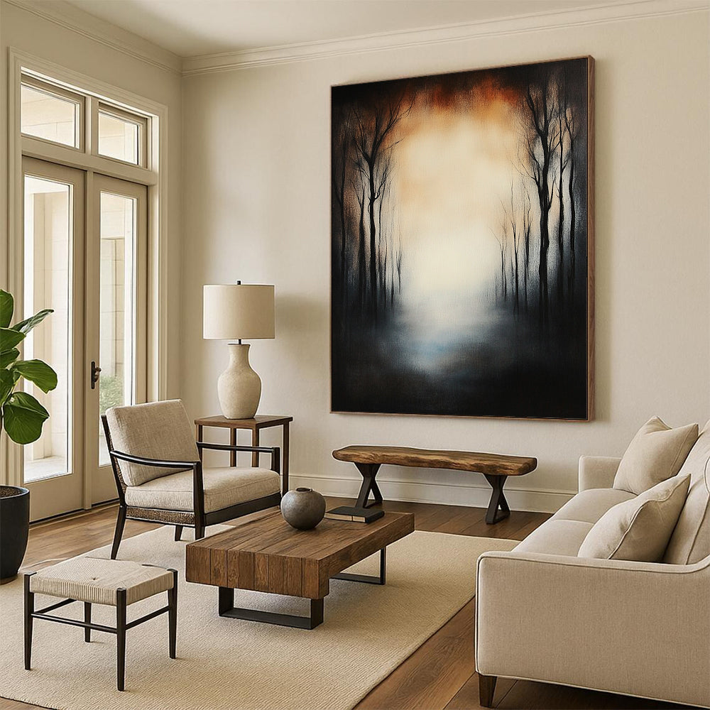 Large contemporary hand-painted abstract artwork featuring a forest of dead trees under eerie fog with a glowing sky and a mysterious blurred effect. DLZ1264