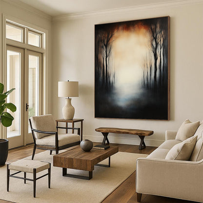 Large contemporary hand-painted abstract artwork featuring a forest of dead trees under eerie fog with a glowing sky and a mysterious blurred effect. DLZ1264