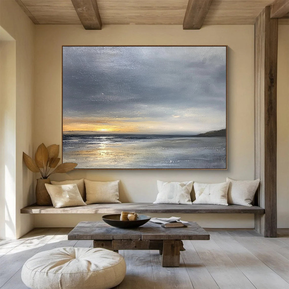 “Moody Seaside Sunset” - Grays, Oranges, Silvers, Coastal Sunset - Minimalist Oil Painting HB1689