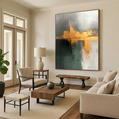 Contemporary hand-painted abstraction displaying beige sage green tones with elegant gold accents on canvas texture, perfect for modern decor. DLZ0943