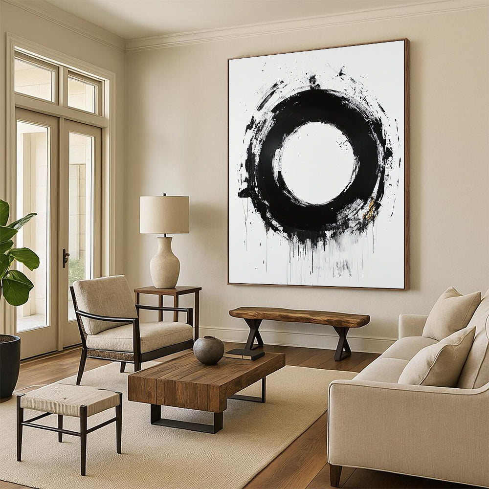 White, Black and Gold Abstract Circle "Expressive Enso" Painting On Canvas HB368