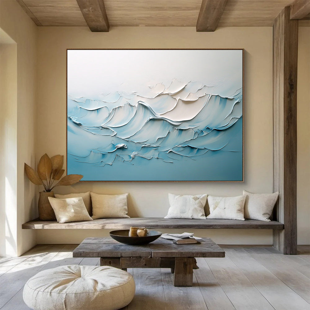 “Soft Wave Relief” - Blue, White, Textured Ocean Waves Painting On Canvas HB0730