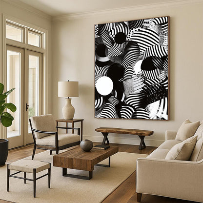 Black, White, Striped Spheres "Optical Illusion Spheres" Abstract Op - Art Painting On Canvas HB174
