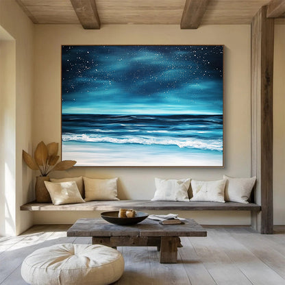 “Midnight Ocean Beach” - Deep Blues, Blacks, Whites, Beach Under a Star - Filled Sky - Impasto Oil Painting HB1743