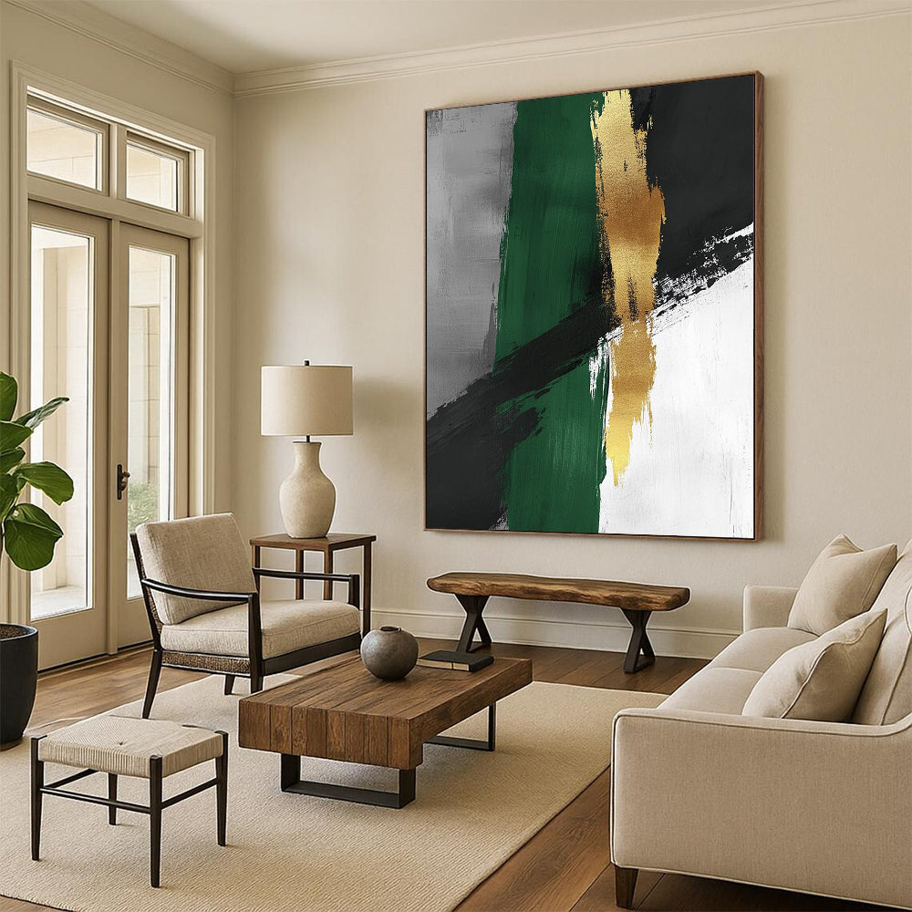Contemporary abstract artwork featuring minimalist brush strokes in green and grey with luxurious gold accents, creating a serene and sophisticated ambiance. DLZ1615