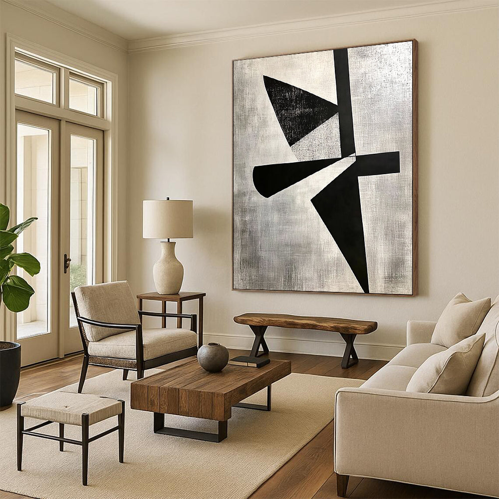 Contemporary hand-painted abstract art featuring high contrast shapes, cut paper collage, and negative space on a gray background in El Lissitzky style. DLZ1143