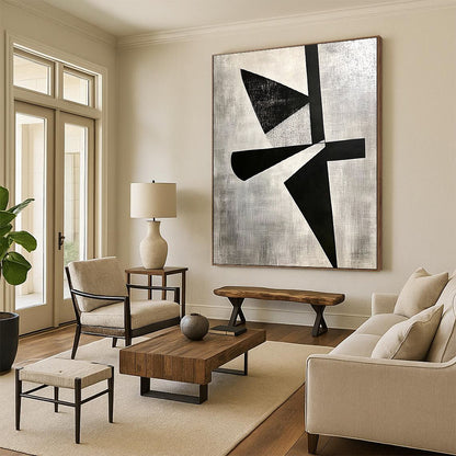Contemporary hand-painted abstract art featuring high contrast shapes, cut paper collage, and negative space on a gray background in El Lissitzky style. DLZ1143