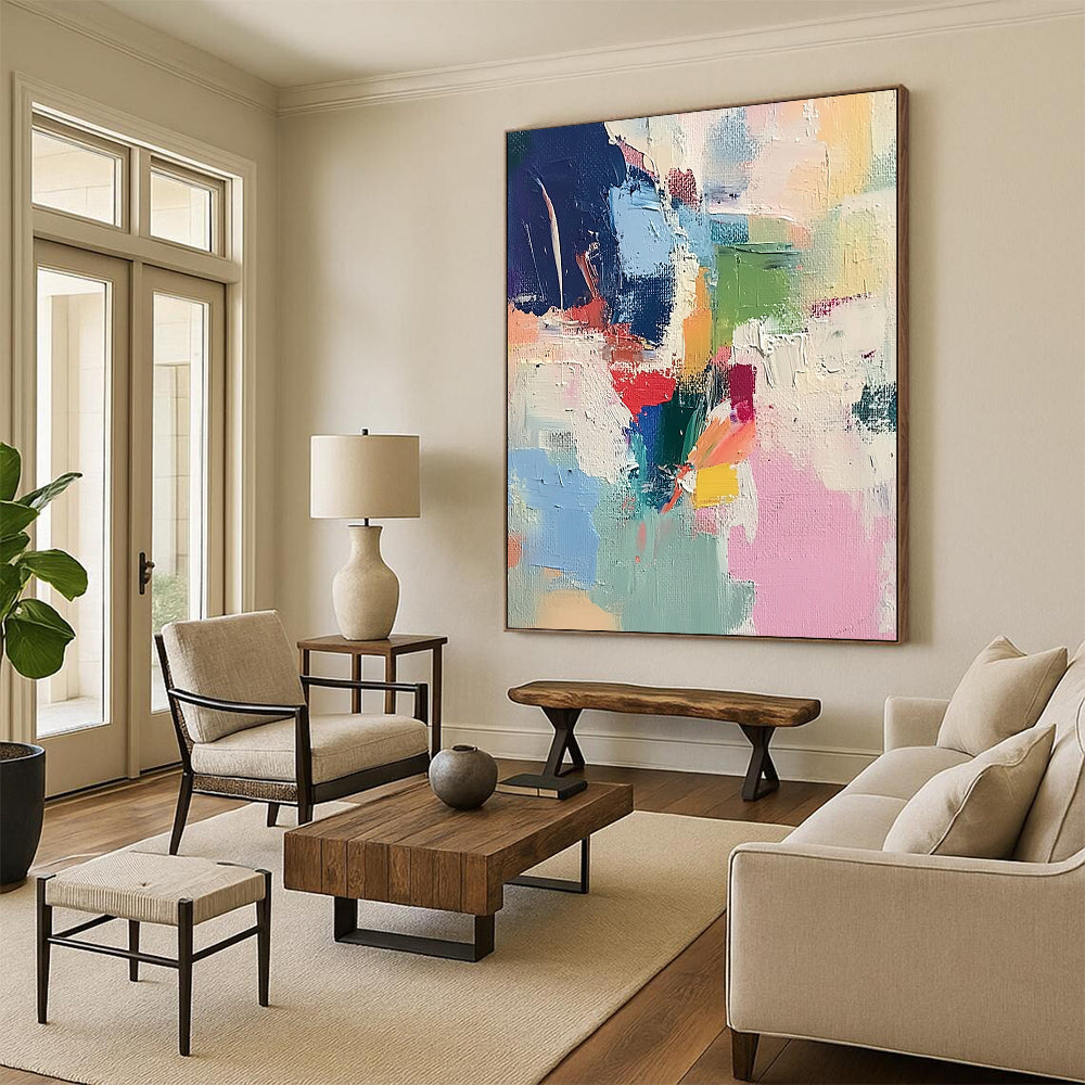 Large contemporary hand-painted abstract artwork featuring soft brushstrokes light colors thick paint and striking contrasts creating a chaotic atmospheric composition. DLZ0767